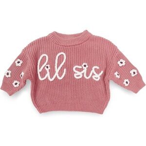 Lil Sis Embroidered Pink Sweater With Ivory Flower Embroidery 3-6M